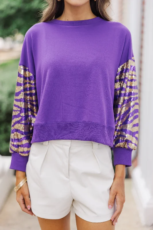 First In Line Purple Tiger Sequin Blouse