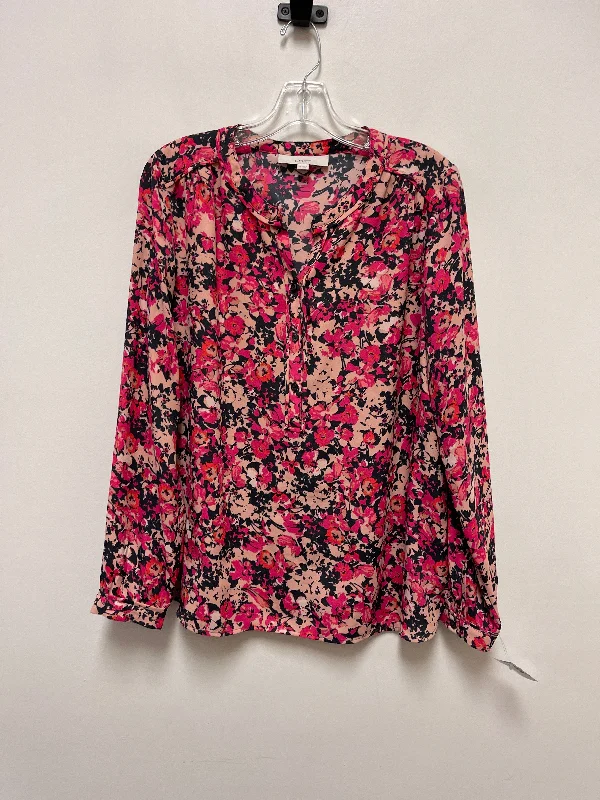 Grey & Pink Blouse Long Sleeve Loft, Size M