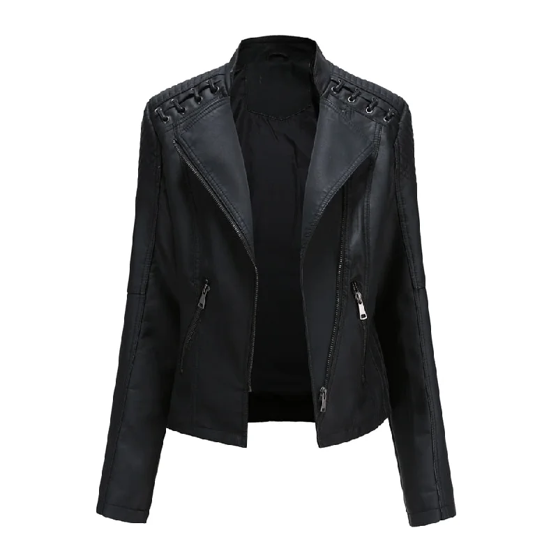 Women's Leather Jacket Slim Turn-down Collar Short PU Leather Jacket