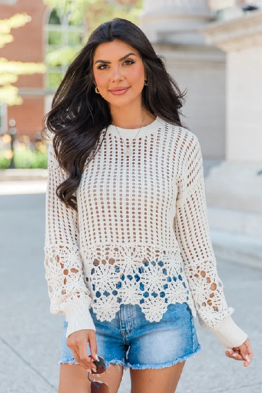 A Little Dramatic Crew Flower Trim Crochet Sweater