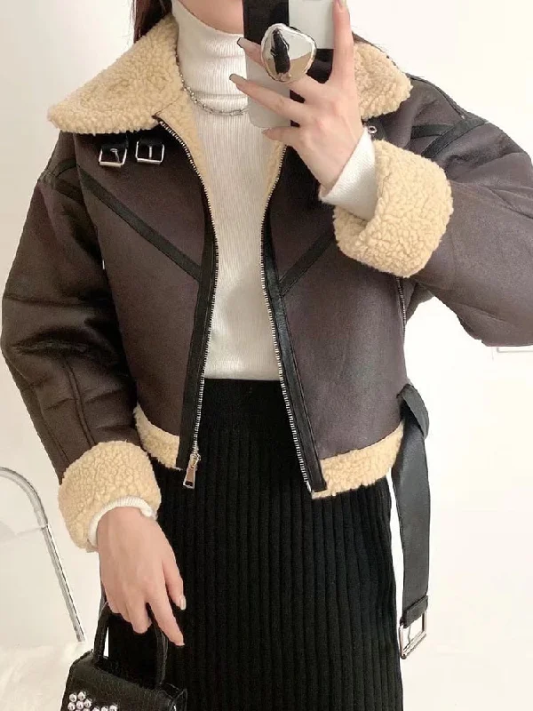 Winter Women Streetwear Faux Lamb Leather Fur Short Jacket