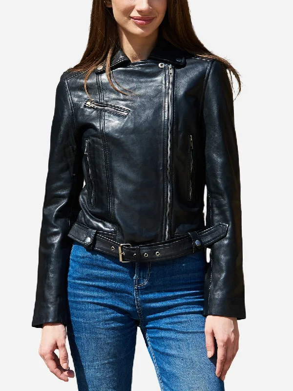 Amelia Black Sheepskin Motorcycle Leather Jacket