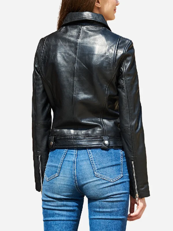 Amelia Black Sheepskin Motorcycle Leather Jacket