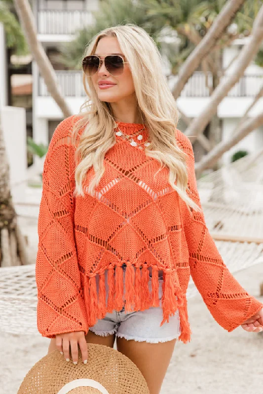 Better Days Ahead Coral Ladder Detail Fringe Hem Sweater