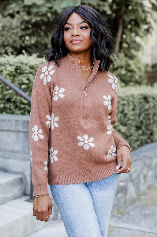 Make It Count Brown Flower Printed Quarter Zip Pullover