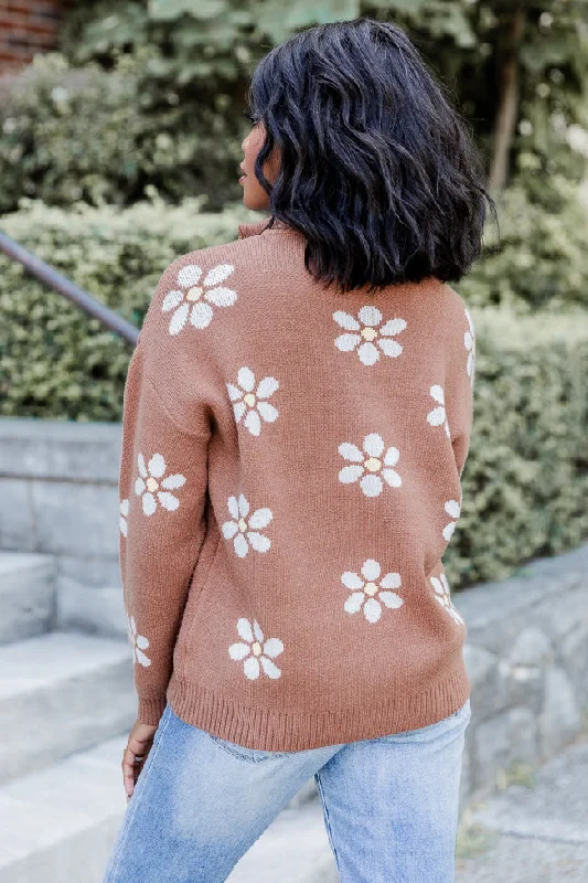 Make It Count Brown Flower Printed Quarter Zip Pullover