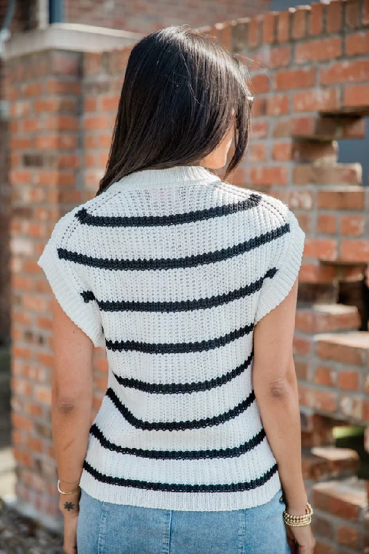 Business As Usual Ivory and Black Short Sleeve Striped Sweater