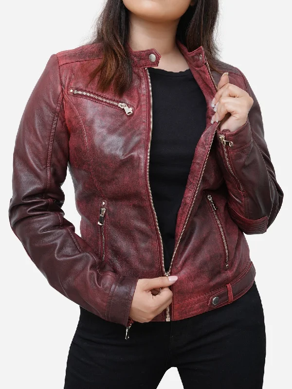 Camila Fitted Style Distressed Maroon Leather Biker Jacket