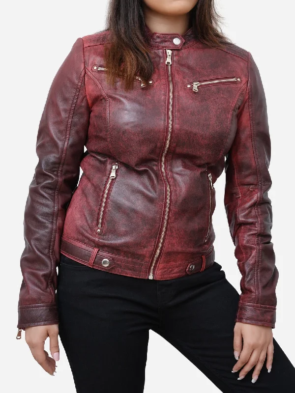 Camila Fitted Style Distressed Maroon Leather Biker Jacket