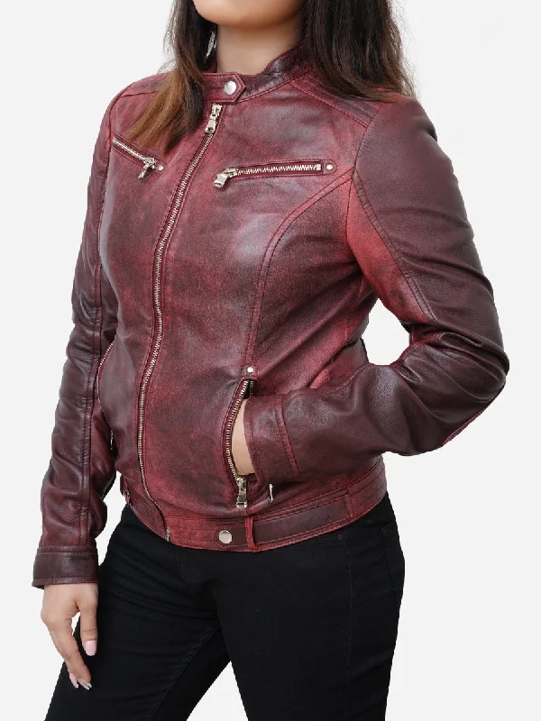 Camila Fitted Style Distressed Maroon Leather Biker Jacket