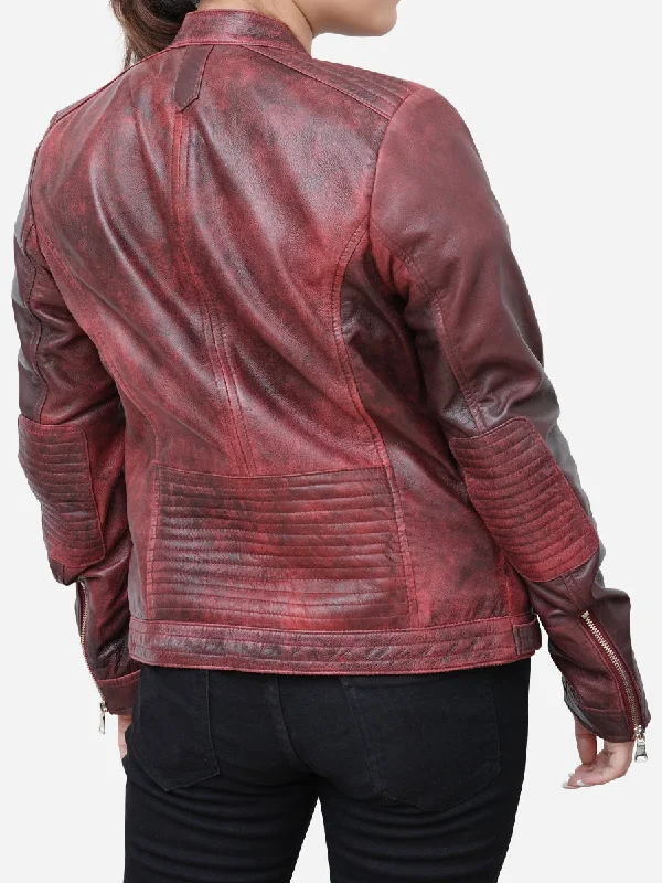 Camila Fitted Style Distressed Maroon Leather Biker Jacket