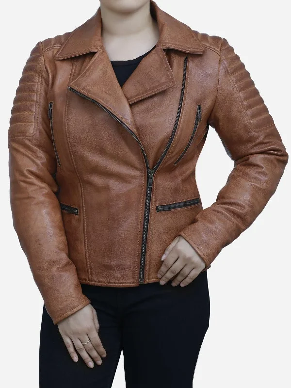 Clara Women's Distressed Brown Leather Biker Jacket