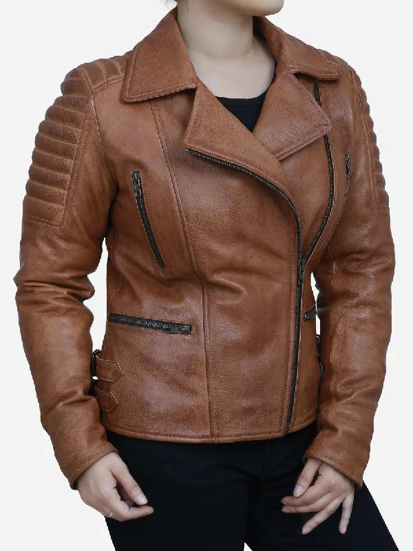 Clara Women's Distressed Brown Leather Biker Jacket