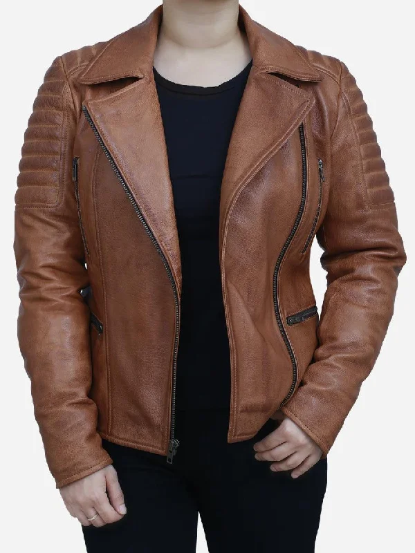 Clara Women's Distressed Brown Leather Biker Jacket