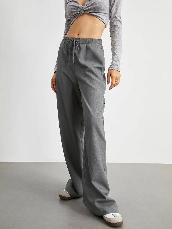 BerryBetty - Elastic Waistband Pockets Drawstring Wide Leg Pants