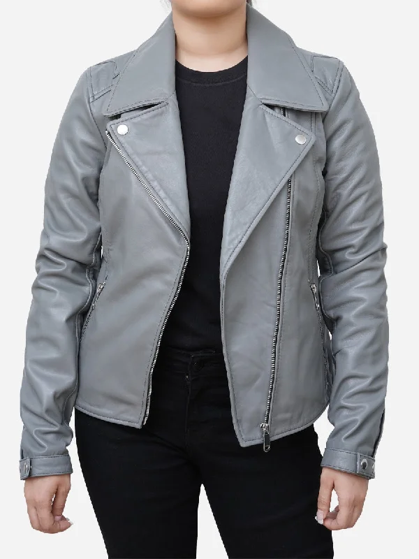 Elizabeth Classic Sheepskin Grey Leather Moto Jacket