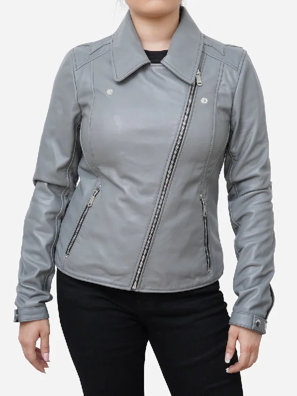 Elizabeth Classic Sheepskin Grey Leather Moto Jacket