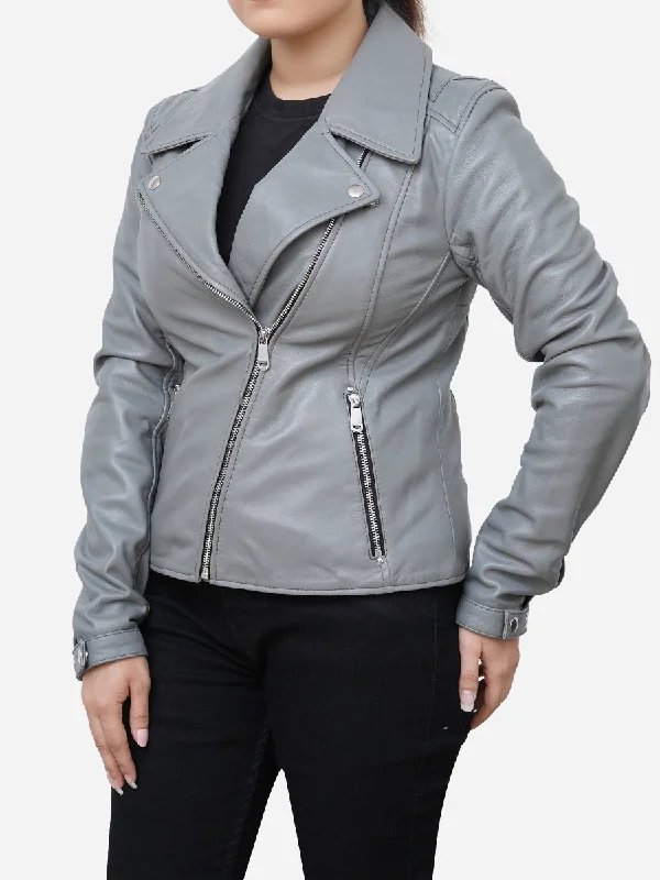 Elizabeth Classic Sheepskin Grey Leather Moto Jacket