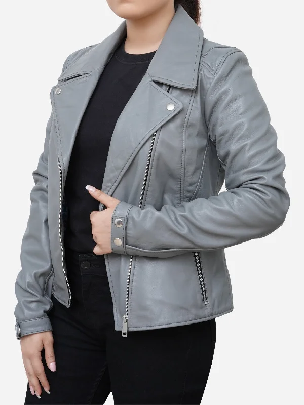 Elizabeth Classic Sheepskin Grey Leather Moto Jacket