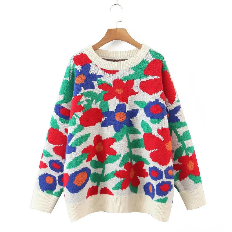 Flower Embroidery Round Neck Loose Long Sweaters