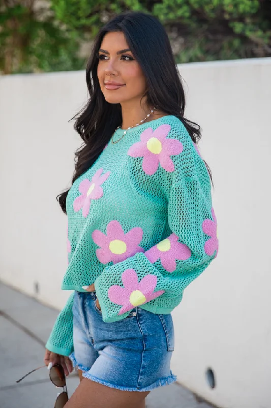 Follow You Around Mint And Pink Flower Embroidered Sweater