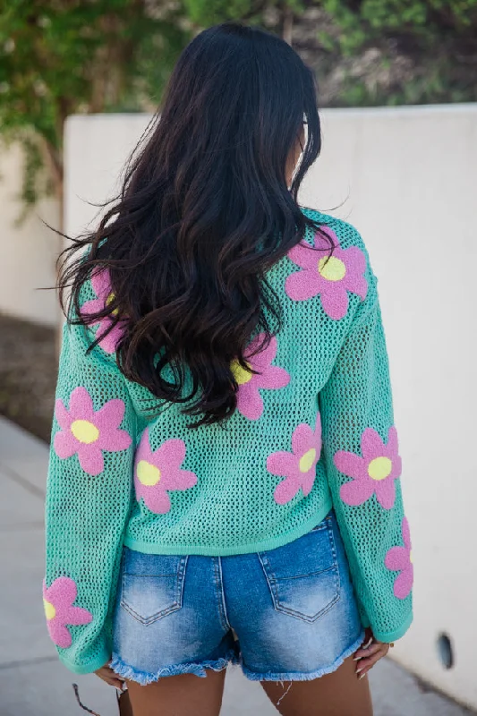 Follow You Around Mint And Pink Flower Embroidered Sweater