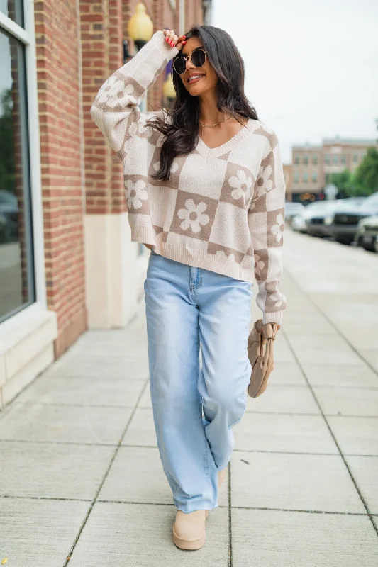 Found A New Way Mocha V-Neck Checkered Flower Sweater