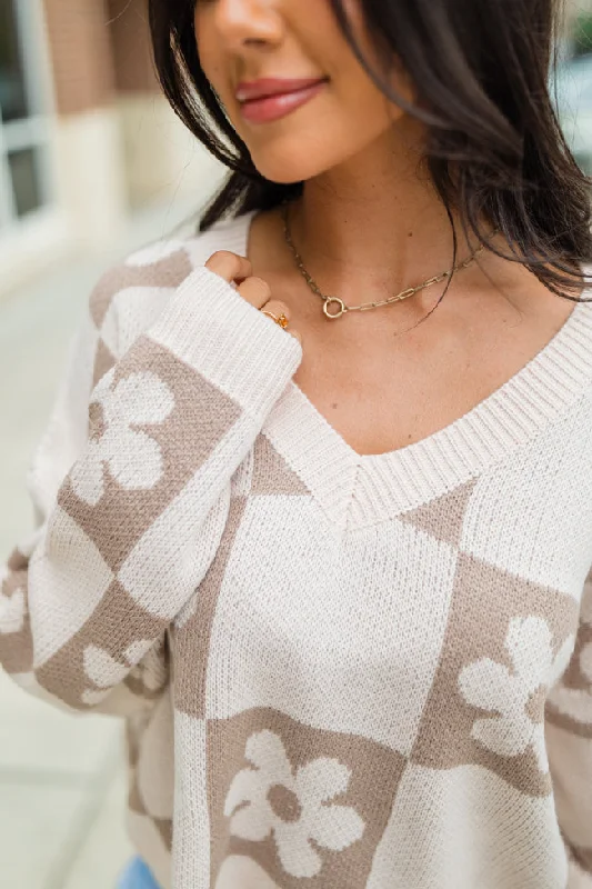 Found A New Way Mocha V-Neck Checkered Flower Sweater