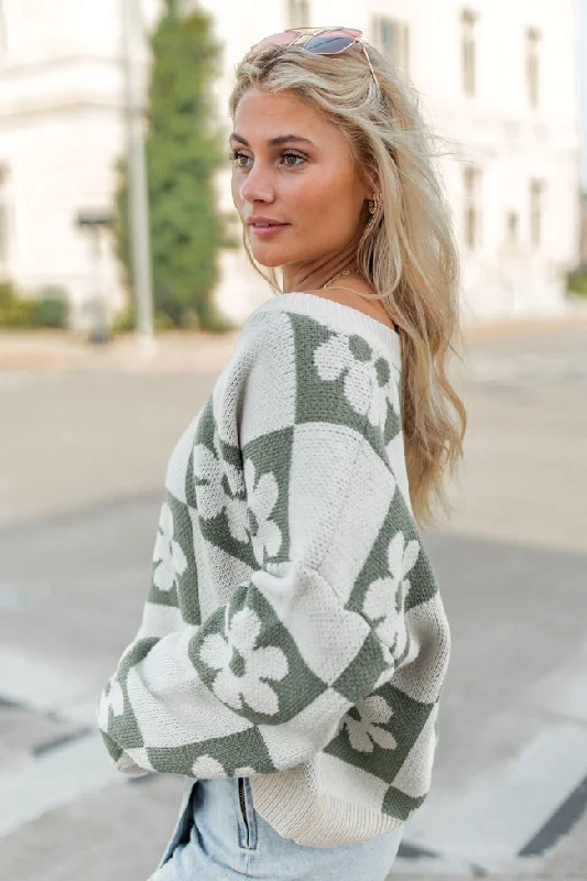 Found A New Way Olive V-Neck Checkered Flower Sweater