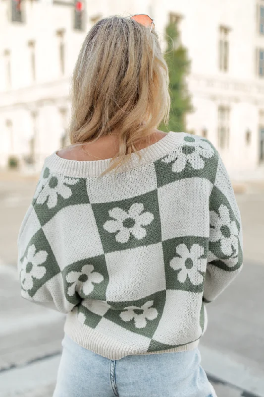 Found A New Way Olive V-Neck Checkered Flower Sweater