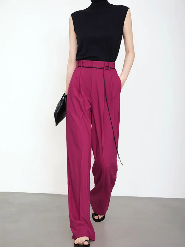 BerryBetty - Full Length String Decor Pleated Wide Leg Pants