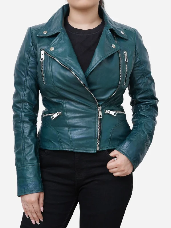 Gabriella Vintage Style Green Leather Biker Jacket