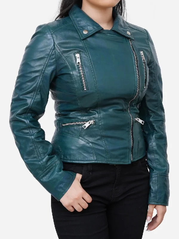 Gabriella Vintage Style Green Leather Biker Jacket