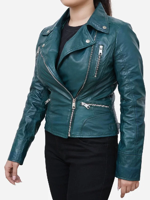 Gabriella Vintage Style Green Leather Biker Jacket