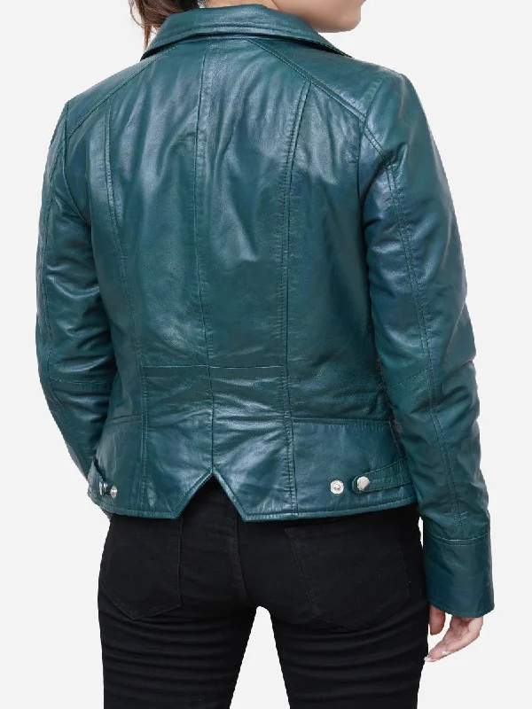 Gabriella Vintage Style Green Leather Biker Jacket