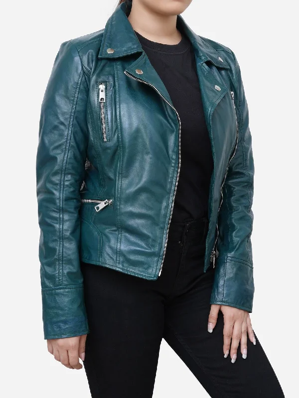 Gabriella Vintage Style Green Leather Biker Jacket