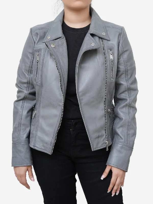 Gianna Real Sheepskin Gray Leather Moto Jacket