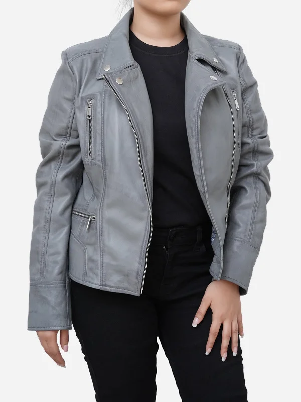 Gianna Real Sheepskin Gray Leather Moto Jacket