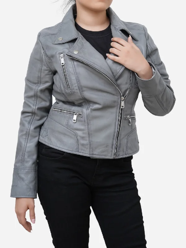 Gianna Real Sheepskin Gray Leather Moto Jacket