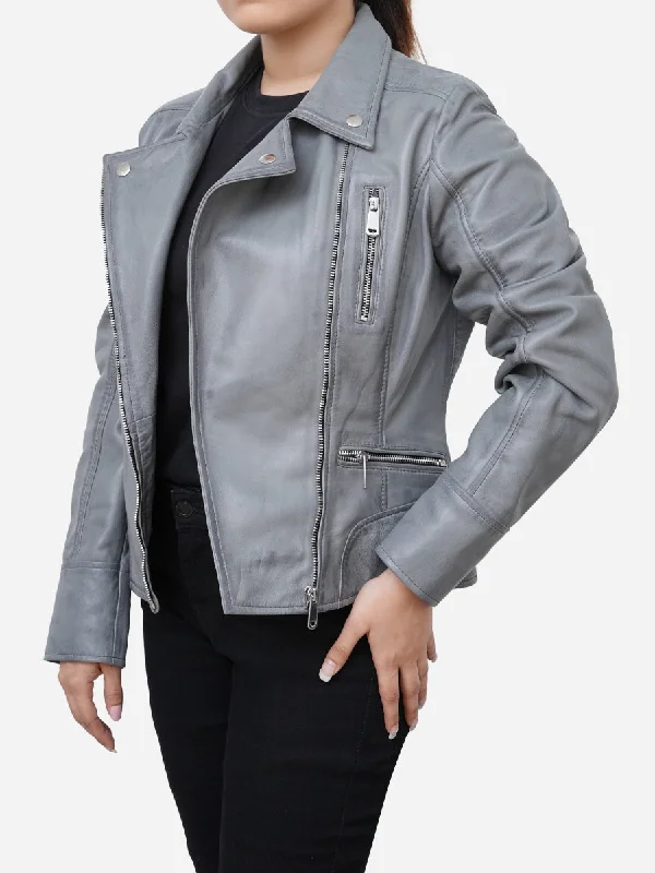 Gianna Real Sheepskin Gray Leather Moto Jacket