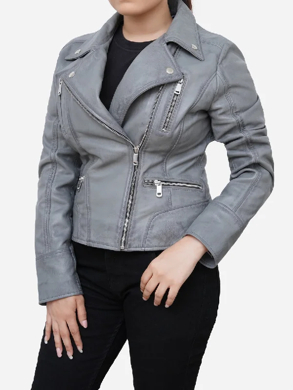 Gianna Real Sheepskin Gray Leather Moto Jacket