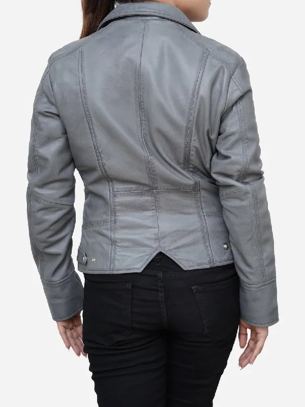 Gianna Real Sheepskin Gray Leather Moto Jacket