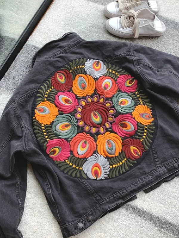 Embroidered Denim Jacket Black Casual Chic Winter Jacket Women Bohemian Warm Jacket Coat