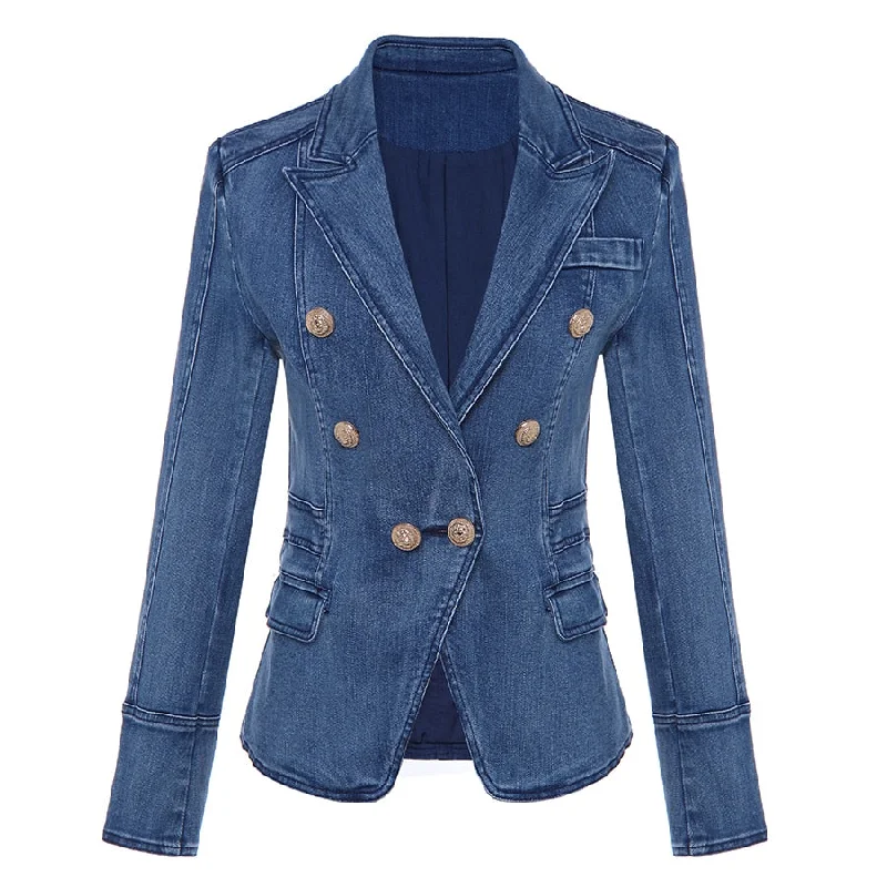 Fashion Designer Blazer Women Metal Lion Buttons Double Breasted Denim Blazer Jacket Outer Coat