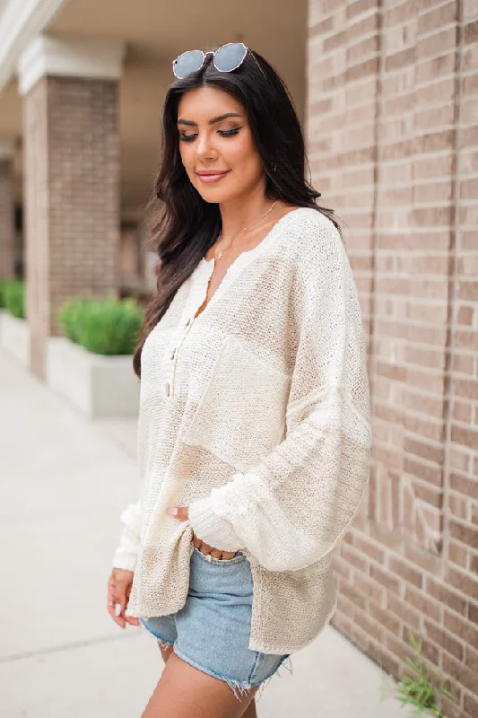 Know You Best Beige Oversized Striped Henley Sweater