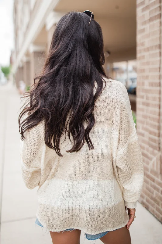 Know You Best Beige Oversized Striped Henley Sweater