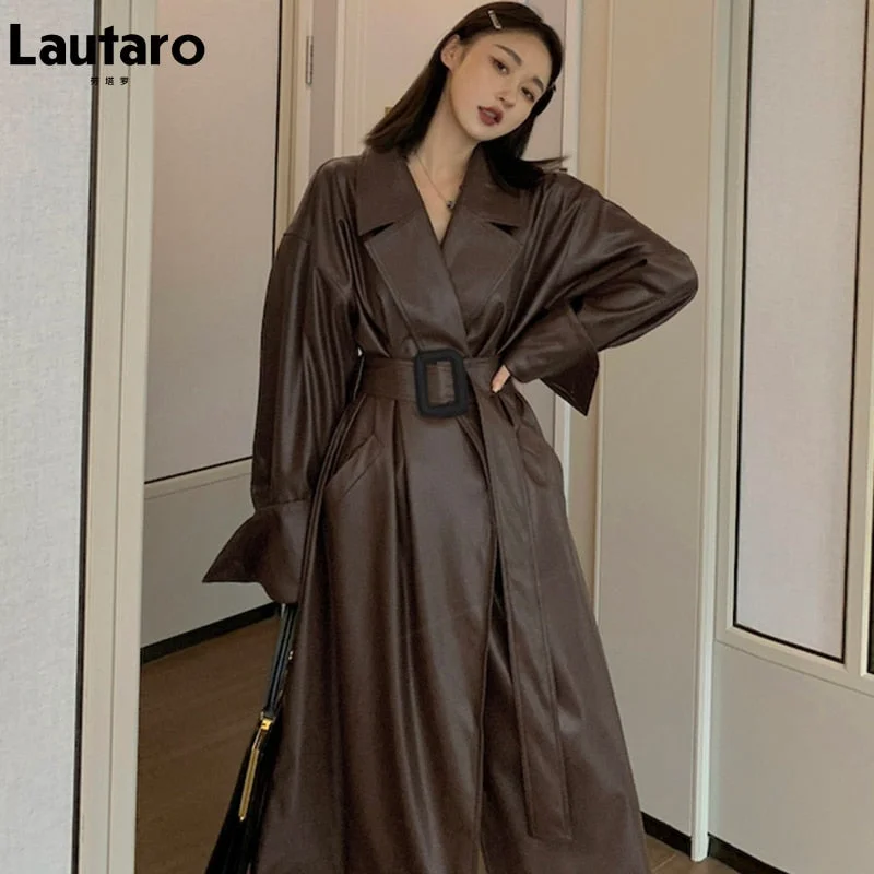 Lautaro Autumn Long Oversized Brown Faux Leather Trench Coat for Women