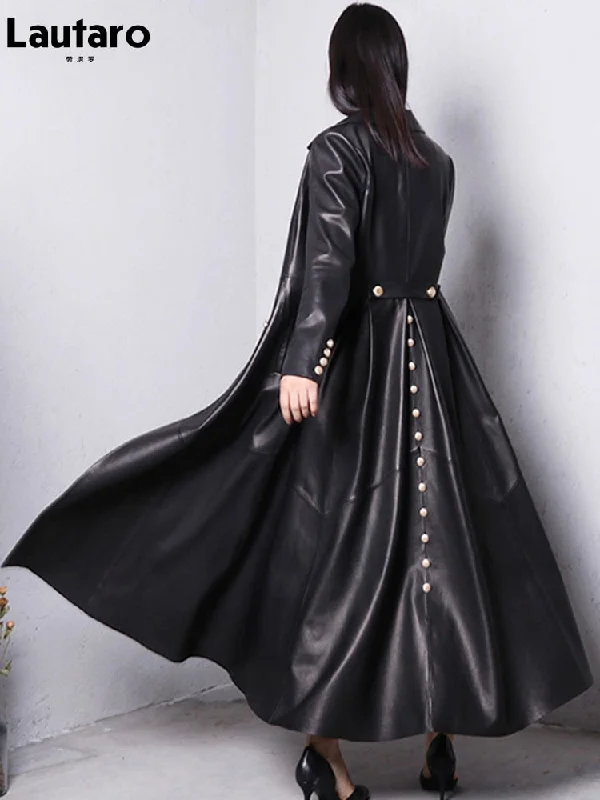 Lautaro Autumn Long Skirted Red Black Faux Leather Trench Coat for Women