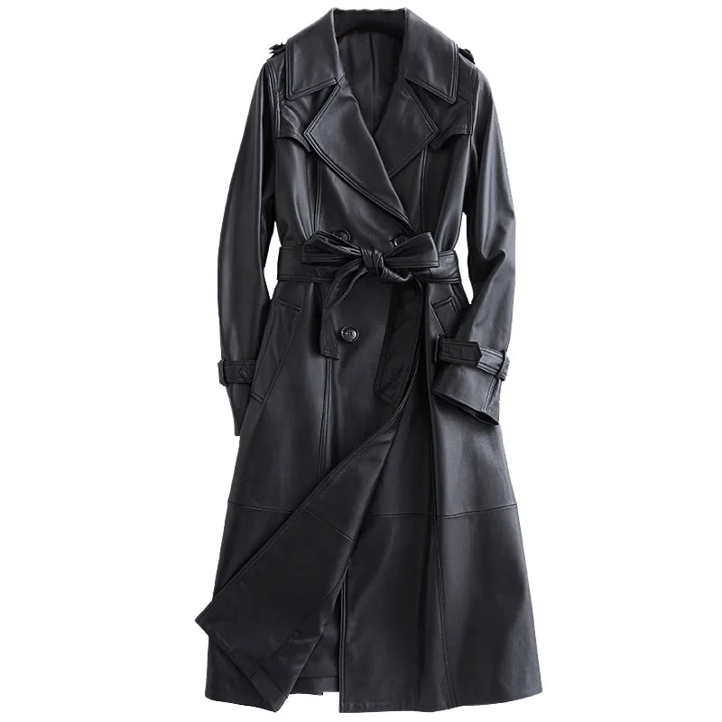 Lautaro Long black leather trench coat for women long sleeve belt lapel