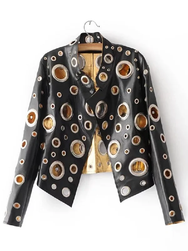 Lautaro Runway Cut Out Short Faux Leather Jacket Golden Rivet Cool Stylish